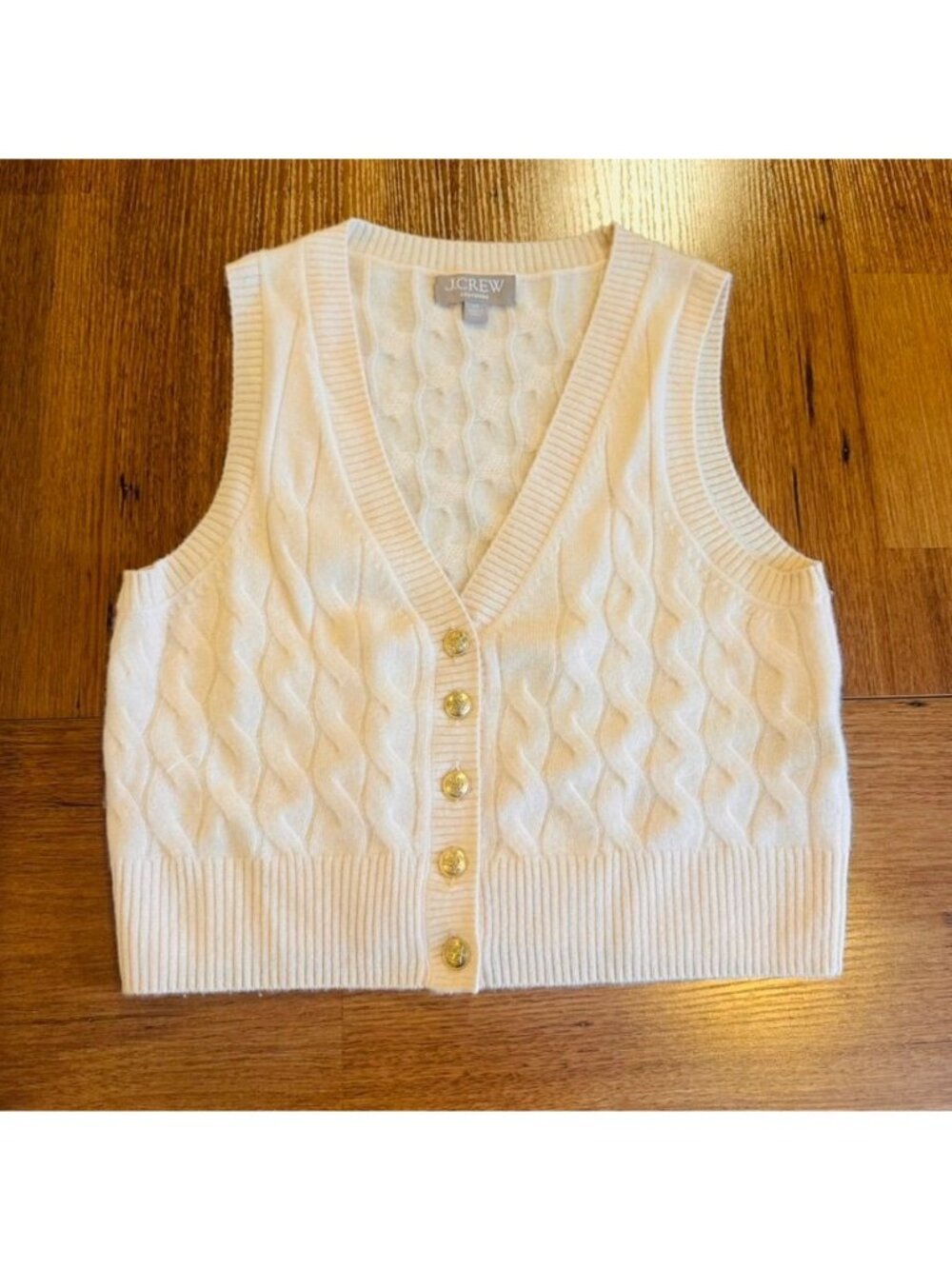 J.Crew Womens XS Ivory Cable Knit Cashmere Vest With Gold Buttons Soft Cozy Warm